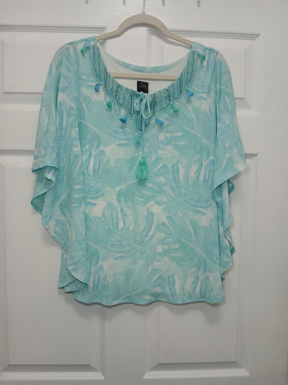 Rafaella Aqua & Mint Tassel Beaded Scoop-Neck Tunic